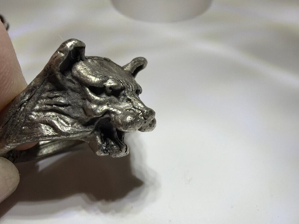 Vintage Panther Tiger Wolf Head Ring Silver Tone Brutalist Animal Statement Ring